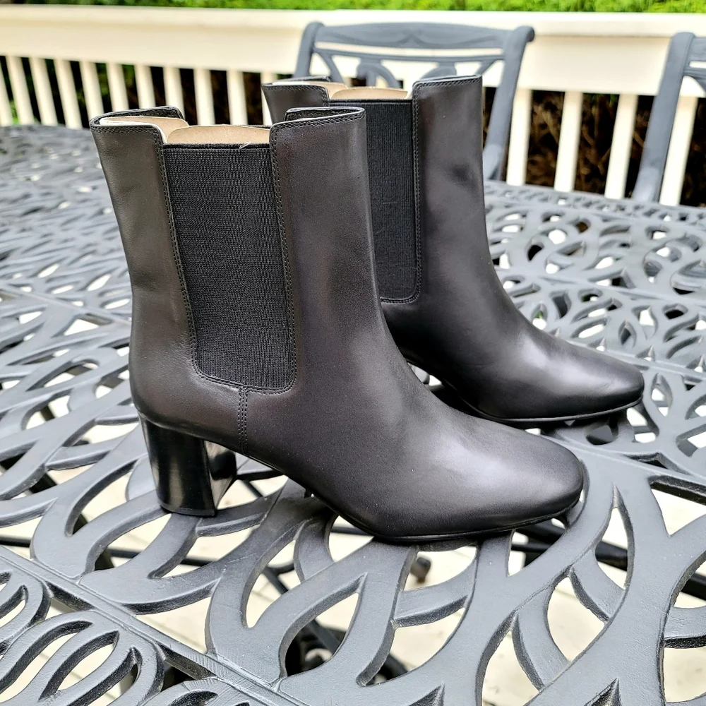 New! J. Crew Sz 8 Willa Leather Stacked-Heel Boots Black Shoes in box